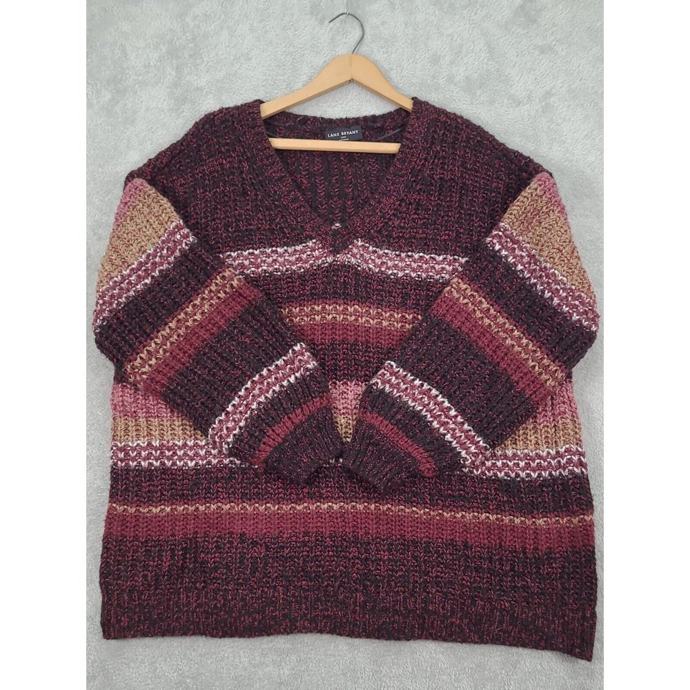Lane Bryant Sweater Sz‎ 22/24 Vneck Classiv Maroon Stripe